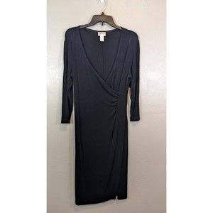 Chicos Travelers Womens 1 (M) Black Solid 3/4 Sleeve Acetate Faux Wrap Dress